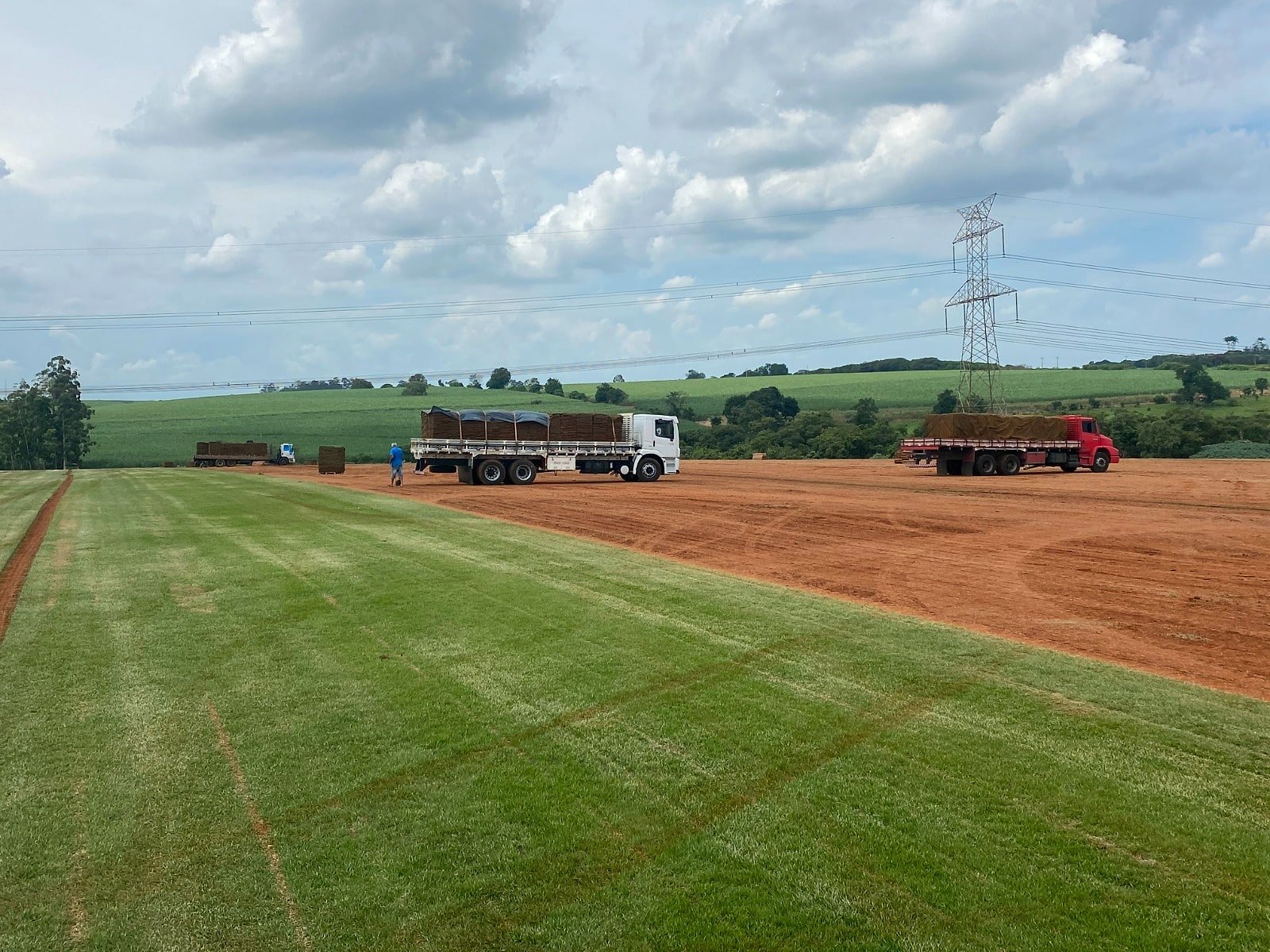 Logística no campo — caminhões carregando placas direto na fazenda